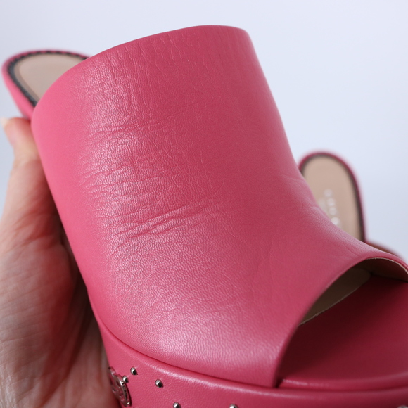 Gucci  37.5 Janaya Logo Studded pink GG Platform Heels Mules E800 - Picture 14 of 14